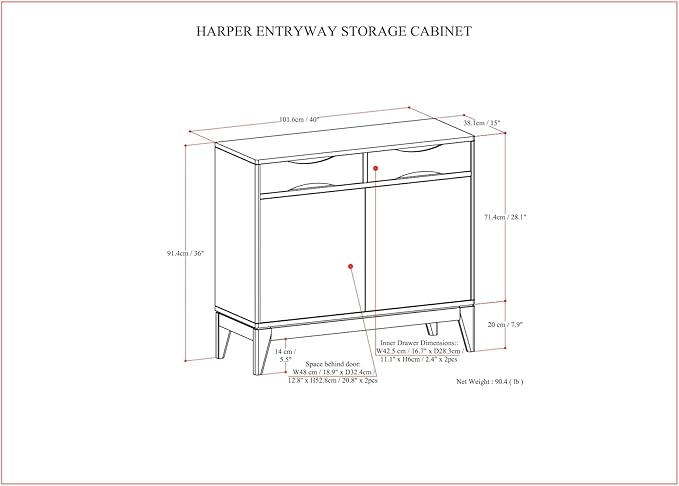 SIMPLIHOME Harper Storage Cabinet - 40 inch Wide Solid Wood Medium Storage Cabinet in Walnut Brown, Mid-Century Modern Cupboard for Entryway or Dining Room with Drawers, Tapered Legs, and Shelves