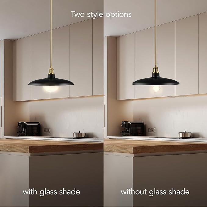 Globe Electric 1-Light Pendant Light, Matte Black Shade with Matte Brass Trims & Interior, Removeable Etched Glass Shade, Soft Industrial Lighting for Dining Room or Living Room