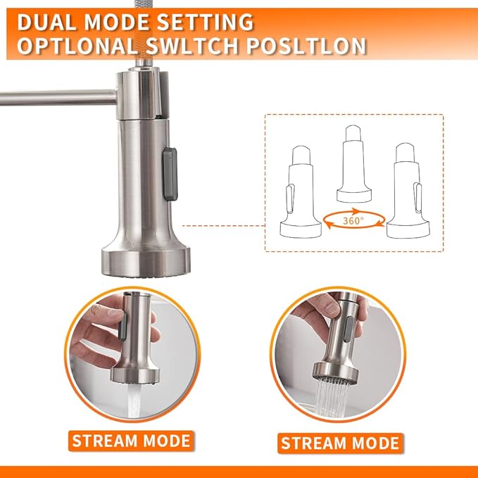 OWOFAN Kitchen Faucet Low Lead Commercial Solid Brass Single Handle Single Lever Pull Out Pull Down Sprayer Spring Kitchen Sink Faucet, Brushed Nickel Kitchen Faucets 866053SN