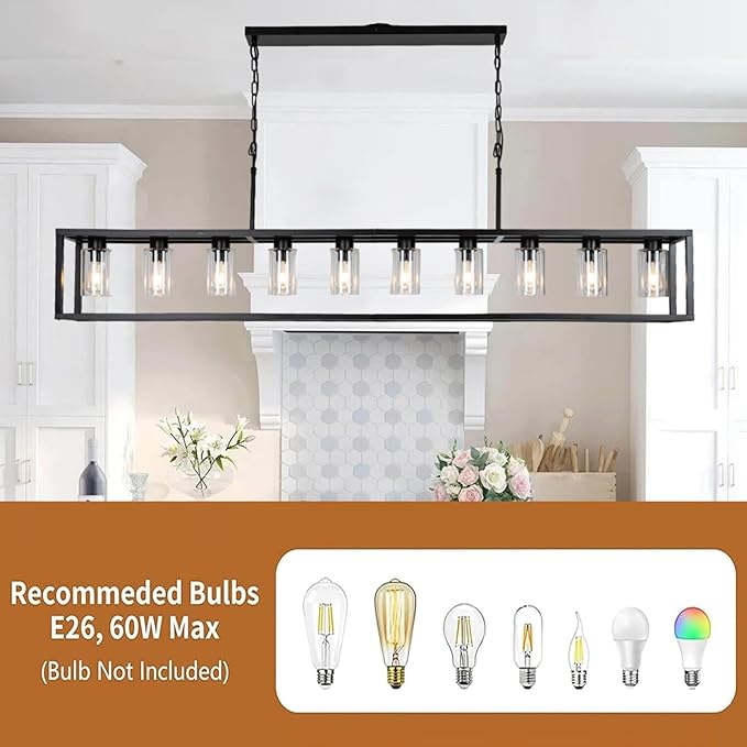 Farmhouse Dining Room Light Fixture Kitchen Island Pendant Lighting Rectangle Black Dining Room Lighting Fixture Modern Pendant Contemporary Chandeliers with Glass Shade Adjustable (10 Light)