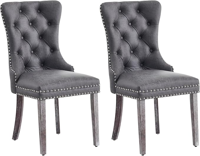 Eifizek Leather Dining Chair Set of 2, Dining Room Chairs with Nailhead Ring Pull Trim, Upholstered Dining Chairs with Solid Wood Legs for Kitchen Dining Room (Grey)