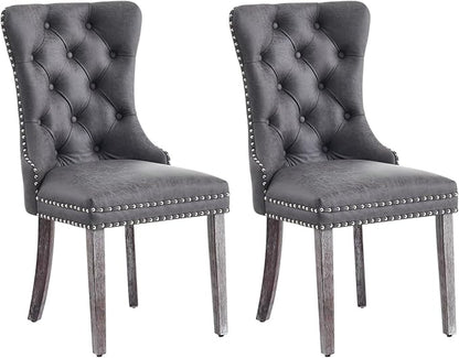 Eifizek Leather Dining Chair Set of 2, Dining Room Chairs with Nailhead Ring Pull Trim, Upholstered Dining Chairs with Solid Wood Legs for Kitchen Dining Room (Grey)