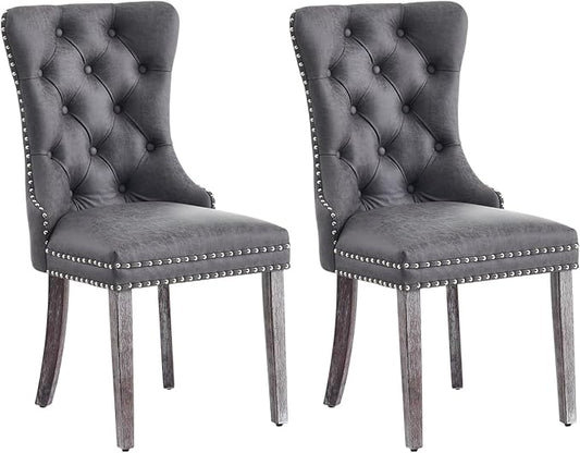 Eifizek Leather Dining Chair Set of 2, Dining Room Chairs with Nailhead Ring Pull Trim, Upholstered Dining Chairs with Solid Wood Legs for Kitchen Dining Room (Grey)