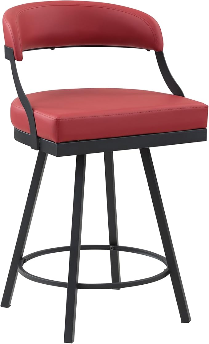 Lexicon Swivel Counter Height Stools Set of 2 - Counter Height Stools for Kitchen Island, Padded Seat, Open Back, Sturdy Black Metal Frame Finish and Red Faux Leather Cushion Seat, Red