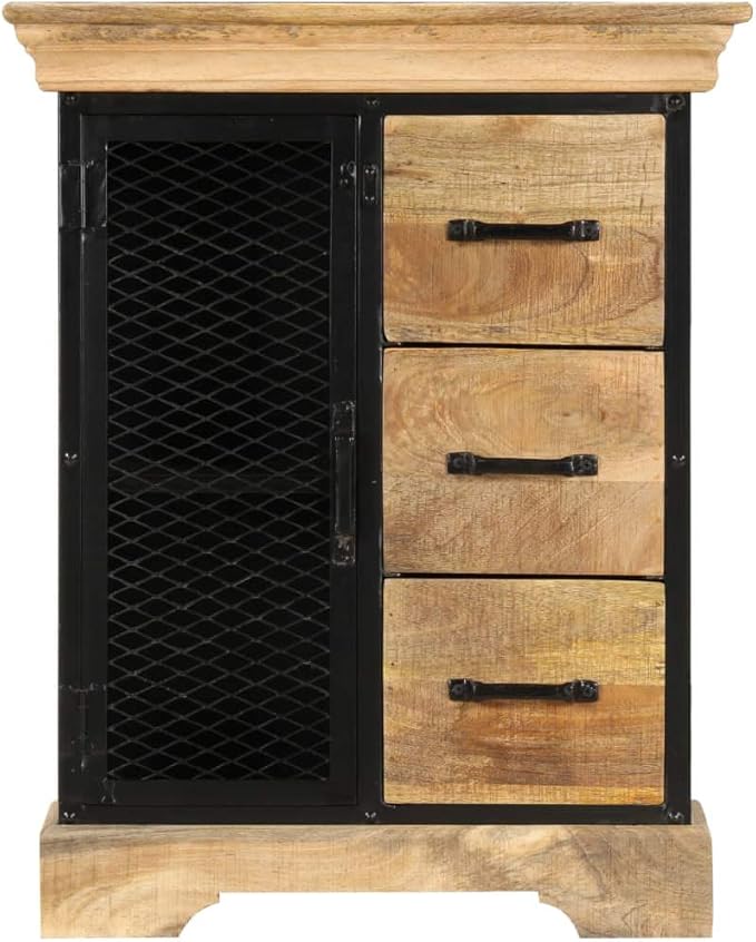 Solid Mango Wood Sideboard Cabinet, Brown and Black Industrial Finish, 23.6" Living Room Buffet with Storage, Polished Lacquered Surface Kitchen Furniture