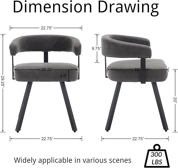 Modern Barrel Dining Chairs Set of 2, Grey PU Leather Upholstered Dining Room Chairs with Arms, Comfy Kitchen Chairs with Black Metal Legs for Dinner Living Room