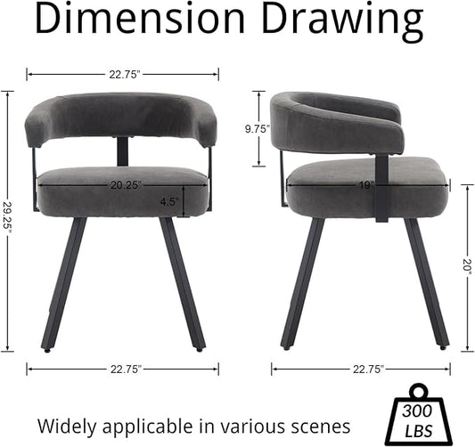 Modern Barrel Dining Chairs Set of 2, Grey PU Leather Upholstered Dining Room Chairs with Arms, Comfy Kitchen Chairs with Black Metal Legs for Dinner Living Room