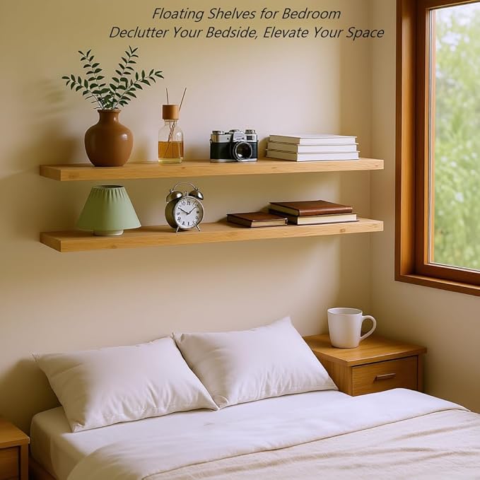 BBE 60 Inch Long Wooden Floating Book Shelves for Room Wall，Heavy Duty Floating Solid Wood Wall-Mounted Shelves with Invisible Bracket for Living Room Bedroom Kitchen Home Display Storage,Set of 2