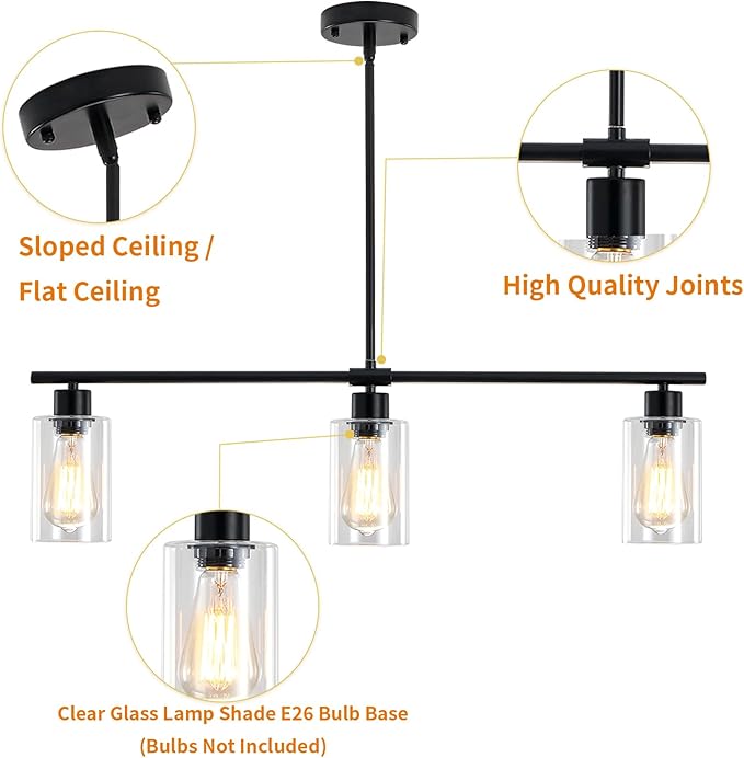 Kitchen Island Lighting, 3 light Black Farmhouse Pendant Lights Kitchen Island with Glass Shades, Island Chandelier Dining Room Lighting Fixtures Adjustable Height, Modern Kitchen Table Light Fixture