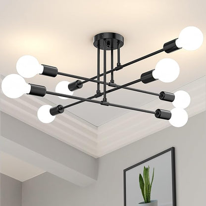 Modern Sputnik Chandelier Ceiling Light Fixtures, 8-Lights Mid Century Industrial Metal Semi Flush Mount for Dining Room, Bedroom, Living Room-Black