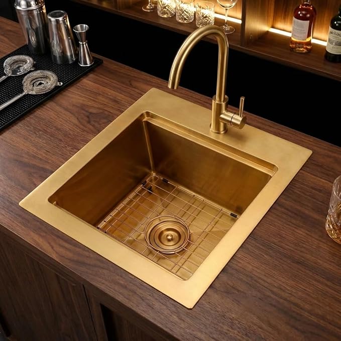 LQS Brushed Gold Finish Kitchen Sink, Small Gold Drop In Bar Sink 16” x 18” with Cutting Board, 16 Gauge Stainless Steel Golden Kitchen Sink, 10” Depth For Daily Use, Outdoor and Prep Use