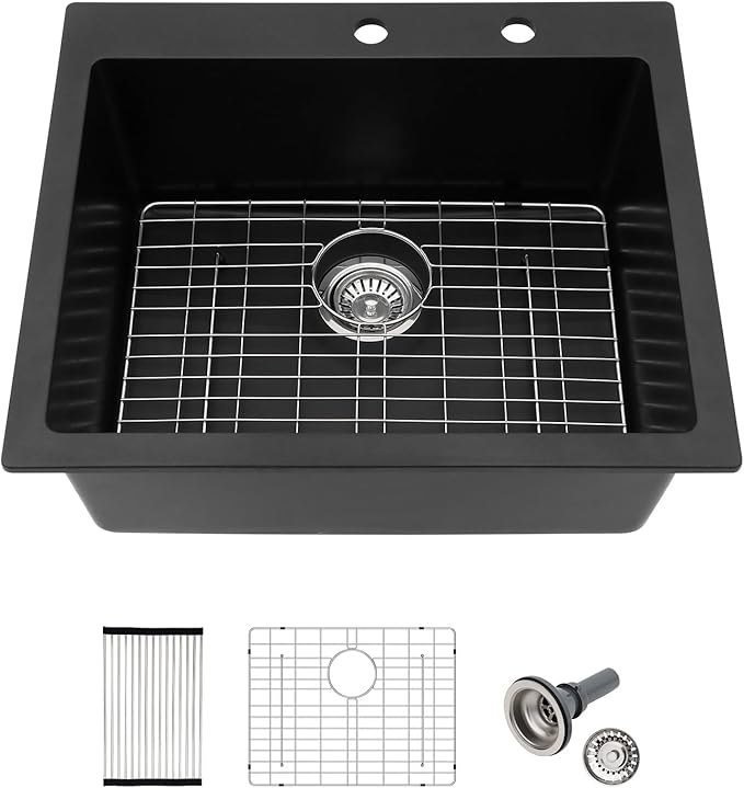 25x22 Inch Black Granite Composite Drop In Kitchen Sink Top mount Quartz Single Bowl Contemporary Kitchen Deep Sink Basin with Counter Ledge