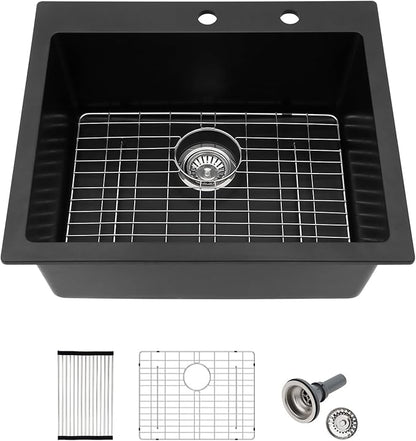 25x22 Inch Black Granite Composite Drop In Kitchen Sink Top mount Quartz Single Bowl Contemporary Kitchen Deep Sink Basin with Counter Ledge