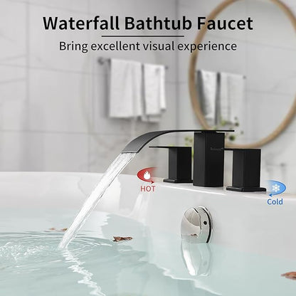 RUMOSE Matte Black Roman Bathtub Faucet Set Waterfall Tub Faucets High Flow Widespread 6-16 Inch 3 Holes Deck Mount Tub Filler 2 Handles Bathtub Filler Soaking Bath Faucet