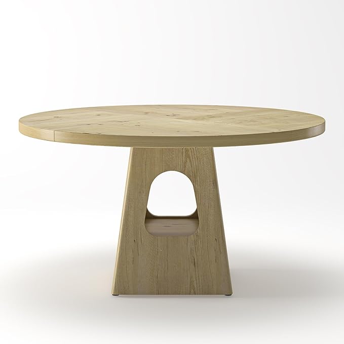 47" Round Wooden Dining Table, Kitchen Table with Rustic Farmhouse Look, Dinner Tables with Storage Base for Home Dining Areas, Natural