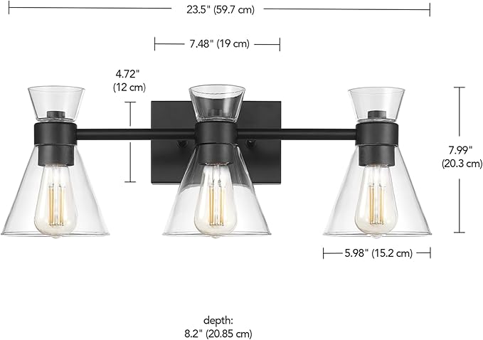 Globe Electric 63000055 3-Light Vanity Light, Matte Black, Clear Glass Shades, Bathroom Lights Over Mirror, Lights for Bathroom, Powder Room Lighting, Makeup Mirror Lights, Home Décor, Bathroom Décor