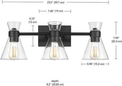Globe Electric 63000055 3-Light Vanity Light, Matte Black, Clear Glass Shades, Bathroom Lights Over Mirror, Lights for Bathroom, Powder Room Lighting, Makeup Mirror Lights, Home Décor, Bathroom Décor