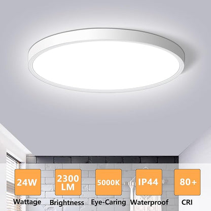 CHARYJOD LED Flush Mount Ceiling Light Fixture 12Inch, 24W Flat Light,5000K Ultra Thin Surface Panel Low Profile for Bedroom Kitchen Bathroom Garage Living Room, White (DC-CJ-0030-24W-50K)