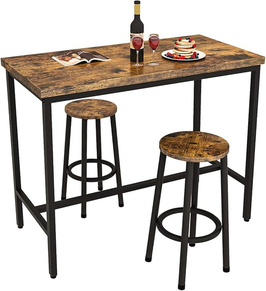 Recaceik 3 Piece Pub Dining Set, Modern bar Table and Stools for 2 Kitchen Counter Height Wood Top Bistro Easy Assemble for Breakfast Nook Living Room Small Space Restaurant, Rustic Brown 39