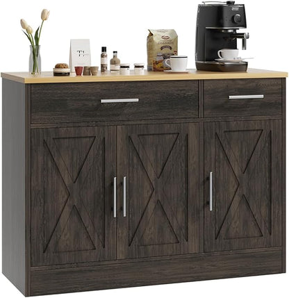 Buffet Cabinet with Drawers, Wooden Storage with 3 Doors and 2 Drawers, Adjustable Shelf, Modern Farmhouse Coffee Bar Cabinet with Storage for Kitchen/Laundry/Living Room, Brown