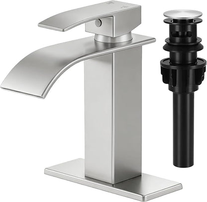 Bathroom Faucets Brushed Nickel Waterfall Bathroom Sink Faucet Modern Single Handle Bathroom Faucet for 1 or 3 Hole Mxier Tap Washbasin Faucet with Deck, Pop-up Drain and Supply Hoses