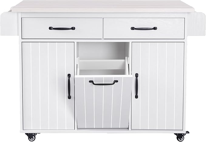 Ball & Cast Kitchen Island with Trash Can Storage Cabinet,Kitchen Cart W/Drop Leaf,Spice Rack,Towel Rack and Drawers,Rolling Kitchen Islands on Wheels W/Adjustable Shelf for Dining Room,White Oak