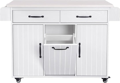 Ball & Cast Kitchen Island with Trash Can Storage Cabinet,Kitchen Cart W/Drop Leaf,Spice Rack,Towel Rack and Drawers,Rolling Kitchen Islands on Wheels W/Adjustable Shelf for Dining Room,White Oak