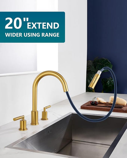 Tohlar Gold Kitchen Faucet with Pull Down Sprayer, 2 Handle Kitchen Faucet, 3 Hole Kitchen Sink Faucets Brushed Gold Stainless Steel Faucet for Kitchen Sink