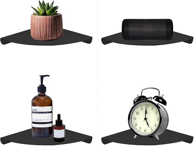 Small Floating Corner Shelves Metal Corner Wall Mounted Shelf Curved Corner Hanging Shelving for Bathroom, Kitchen, Living Room, Office, Bedroom & Dorm (Black 2 pcs)