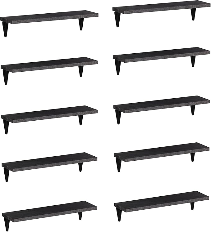 Wallniture Arras Wood Floating Shelves for Wall Storage, Small Bookshelf, Hanging Book Shelves for Living Room, Bedroom, Office, Burnt Finish, Set of 10 (Black)