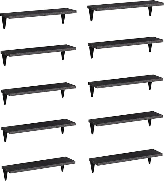 Wallniture Arras Wood Floating Shelves for Wall Storage, Small Bookshelf, Hanging Book Shelves for Living Room, Bedroom, Office, Burnt Finish, Set of 10 (Black)