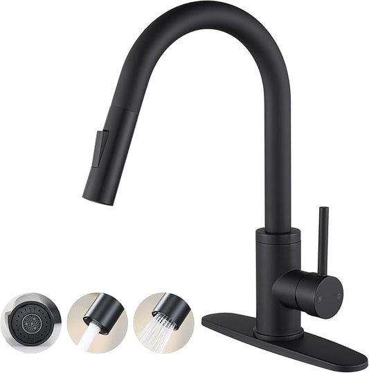 KPW Kitchen Faucet with Pull-Down Sprayer, Matte Black, High-Arc Single Handle, Stainless Steel, Fits 1 or 3 Hole Sink