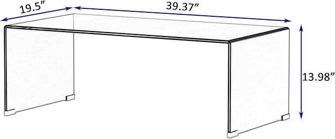 Modern 39.4" Tempered Glass Coffee Table, 12mm Ultra-Thick Waterfall Clear Center Table for Living Room, Minimalist Rectangle Coffee Table for Small Spaces, No Assembly Required