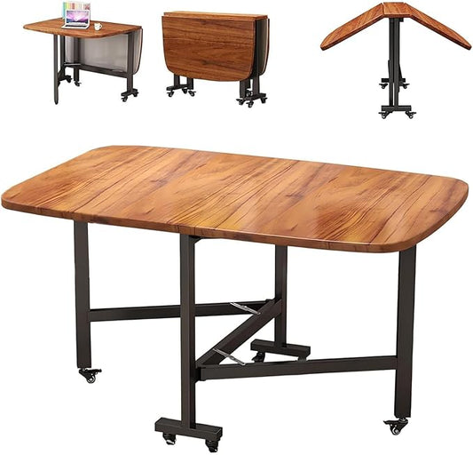 Folding Dining Table, Solid Wooden Foldable Kitchen Table with 6 Wheels, Living Room, Brown Drop Leaf Dining Table for 4-8, Multifunction Expandable Folding Table for Small Spaces Kitchen, Bedroom