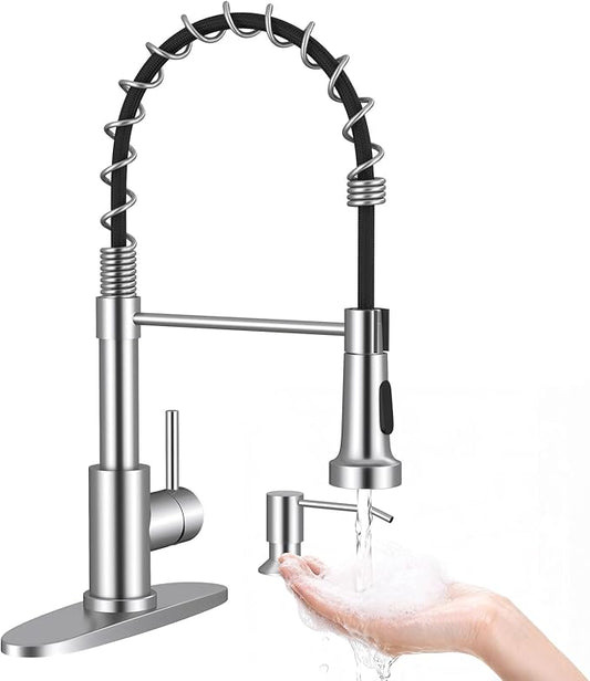 Arofa Kitchen Faucet with Pull Down Sprayer, Brushed Nickel Kitchen Sink Faucet 1-3 Hole Single Handle High Arc Stainless Steel Commercial Modern Kitchen Faucets for RV/Laundry/Outdoor/Bathroom Sink
