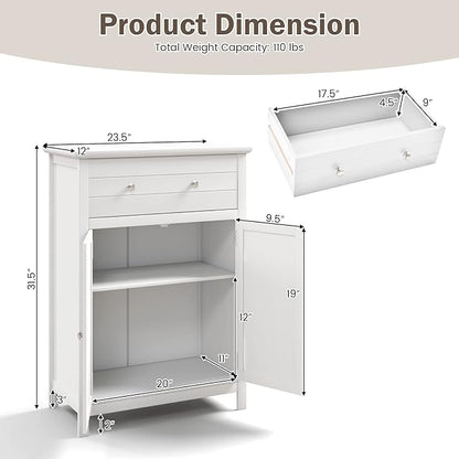 Tangkula White Bathroom Cabinet, Freestanding Wooden Storage Cabinet w/Large Drawer & Cabinet, 2 Doors, 3 Heights Adjustable Shelf, Bathroom Storage for Living Room Kitchen (White)