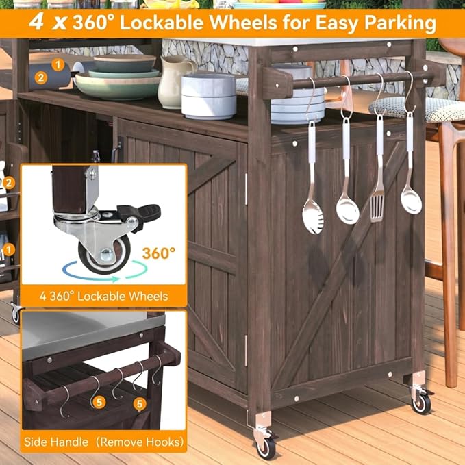 Casaphoria 53.3" Outdoor Kitchen BBQ Grill Cart, 100% Fir Wood Bar Cart Pizza Oven Table with Stainless Steel Countertop, Raised Worktop, Hooks, Adjustable Shelves Outdoor Kitchen Island, Brown