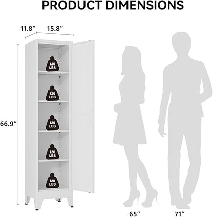 COFaR 67" Tall Bathroom Storage Cabinet, White Metal Storage Cabinet with Magnetic Door & 4 Adjustable Shelves, Slim Freestanding Cupboard for Kitchen, Bathroom, Living Room