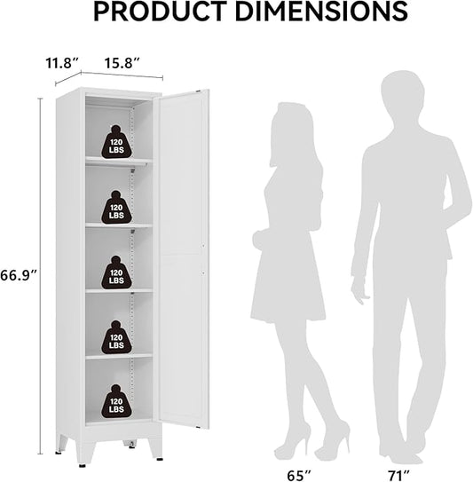 COFaR 67" Tall Bathroom Storage Cabinet, White Metal Storage Cabinet with Magnetic Door & 4 Adjustable Shelves, Slim Freestanding Cupboard for Kitchen, Bathroom, Living Room