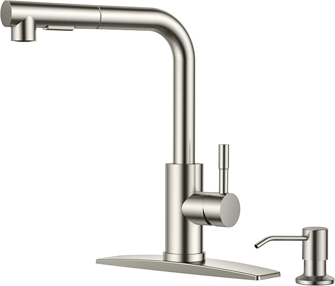 FORIOUS Kitchen Faucet with Soap Dispenser, Brushed Nickel Stainless Steel Sink Faucet with Pull Out Sprayer Modern Single Handle Suitable for Bar RV Farhouse Laundry Outdoor