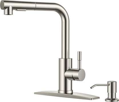 FORIOUS Kitchen Faucet with Soap Dispenser, Brushed Nickel Stainless Steel Sink Faucet with Pull Out Sprayer Modern Single Handle Suitable for Bar RV Farhouse Laundry Outdoor