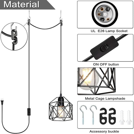 Industrial Plug-in Pendant Light, Black Farmhouse Hanging Ceiling Light, Vintage Metal Cage Wall Mount Lamp, 1-Light Fixture for Kitchen Island, Dining Room, E26 Base (Bulb Not Included)