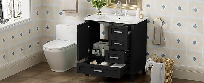 GDFStudio 30" Bathroom Vanity Sink Combo with 3 Drawers & 1 Soft Closing Door Floor Mount Freestanding Wood Bathroom Storage Cabinet Set with Ceramic Basin Sink Top for Small Bathroom Space, Black