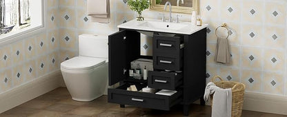 GDFStudio 30" Bathroom Vanity Sink Combo with 3 Drawers & 1 Soft Closing Door Floor Mount Freestanding Wood Bathroom Storage Cabinet Set with Ceramic Basin Sink Top for Small Bathroom Space, Black