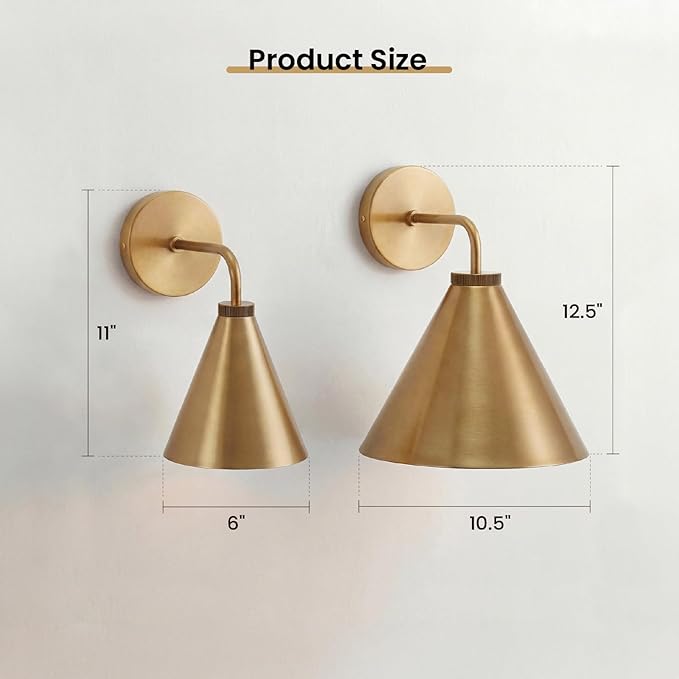 Retro Industrial Metal Cone Sconce Light - Vintage Inspired Modern Brass Wall Sconce with Metal Shade, Wall Mount Lighting for Bedroom, Hallway, Living Room (10.5“Dia x 12.5" H Brass)