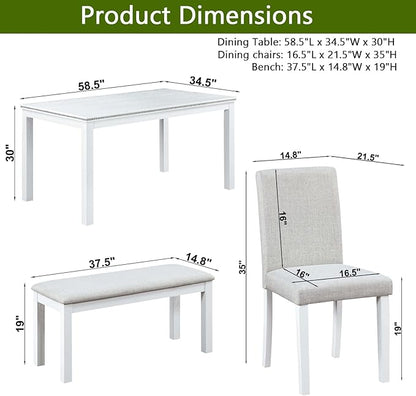 6 Piece Dining Table Set for 6, Rectangular Wooden Table with 4 Upholstered Chairs and 1 Bench, Elegant White Dining Room Set with Crystal Decoration
