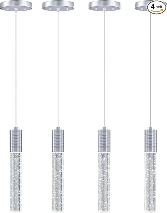 HAIXIANG 4 Pcaks Pendant Lights for Kitchen Island, White Light, Silver Chrome Crystal Linear Pendant Lighting, Bar Corner LED Light Fixture