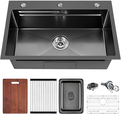 FRANIC 29" Handmade Black Bar Workstation Sink, 29" x 18" x 8" Stainless Steel Matte Nano Black Topmount Single Bowl Small Kitchen Outdoor Sink