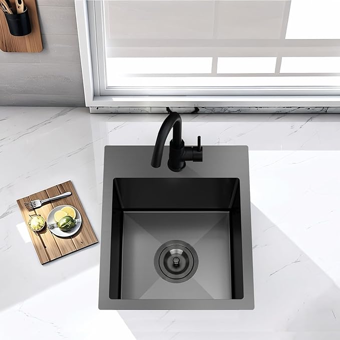 13x15 Inch Black Bar Sink Drop In Kitchen Sink, Topmount Stainless Steel Square Small Sinks, Single Bowl Kitchen Sinks for Laundry Wet Bar Prep RV Office Outdoor Yard with Grid & Drain