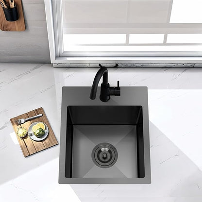 13x15 Inch Black Bar Sink Drop In Kitchen Sink, Topmount Stainless Steel Square Small Sinks, Single Bowl Kitchen Sinks for Laundry Wet Bar Prep RV Office Outdoor Yard with Grid & Drain